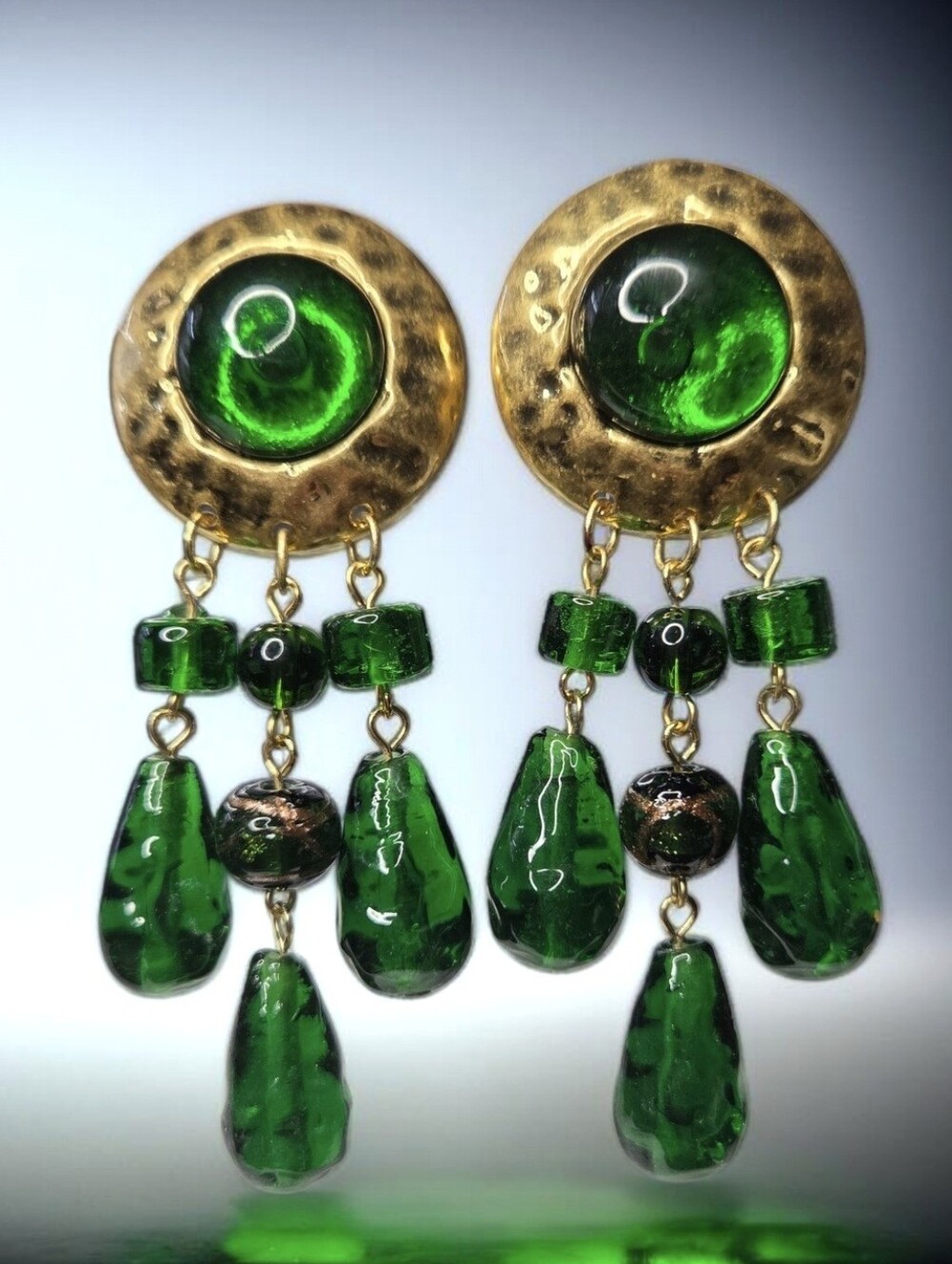 18k Gold Plated Hammered Huge Emerald Glass Byzantine Dangle Earrings